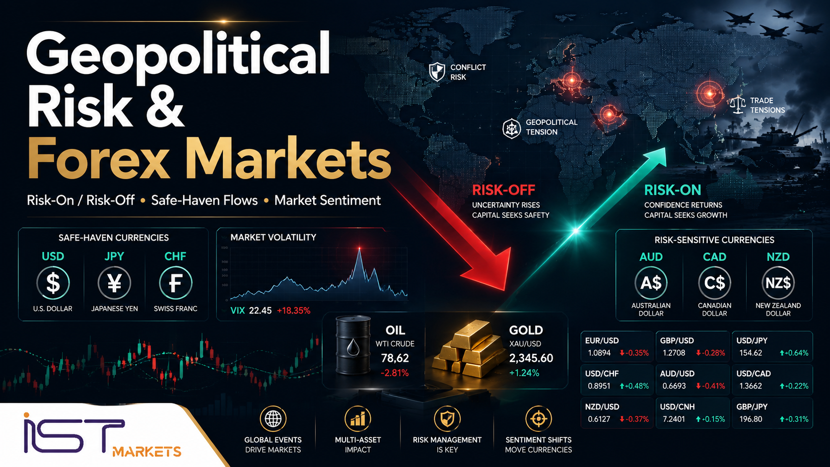 Geopolitical risk forex trading analysis showing risk-on risk-off sentiment, safe-haven currencies, oil shock, gold, USD, JPY, CHF, and market volatility